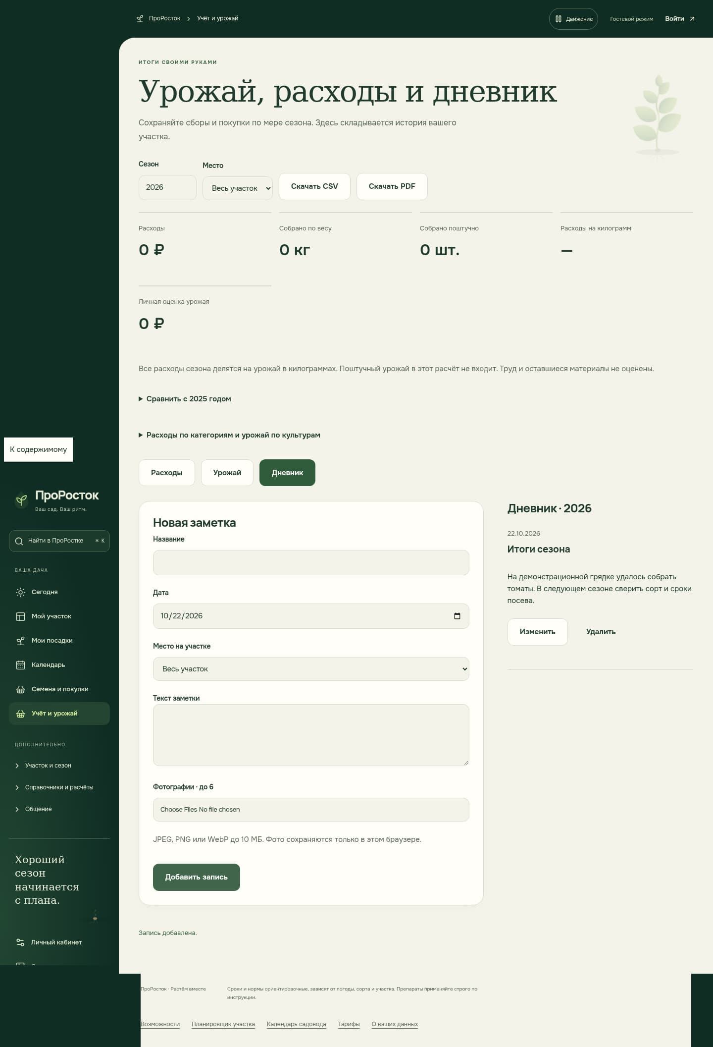 Дневник с записью итогов сезона